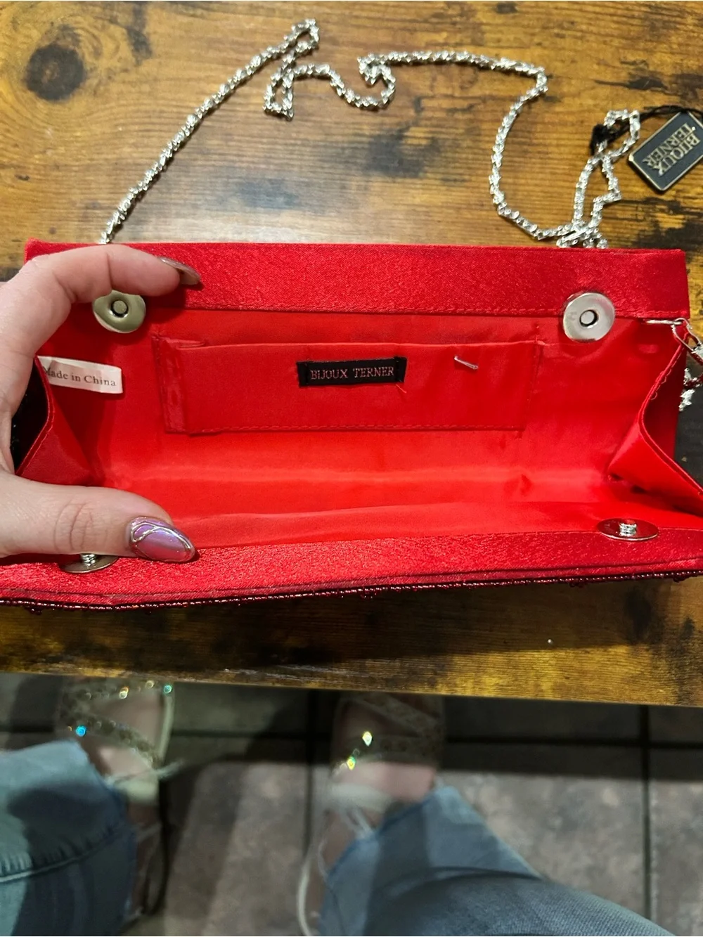 Bijoux Terner Red Beaded Evening Clutch with Chain